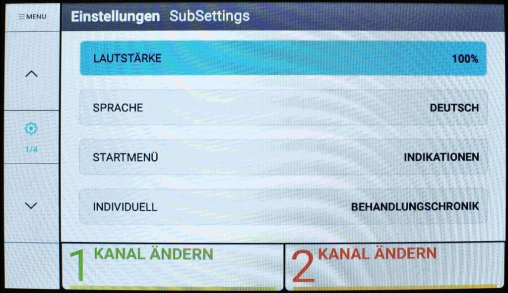 Bedienmenue Screen des Magnetfeldtherapie-Geräts MAG Expert