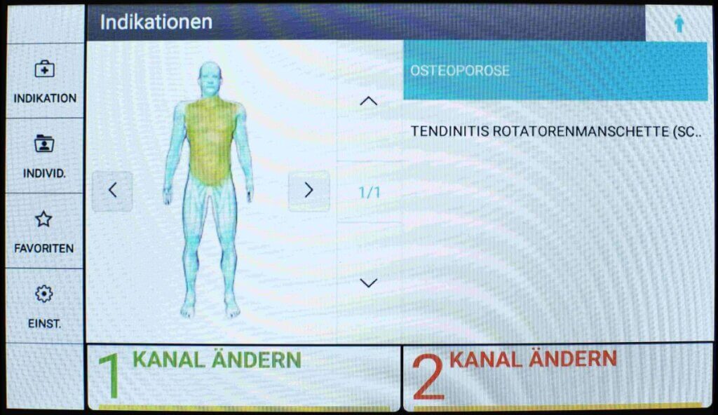 Bedienmenue Screen des Magnetfeldtherapie-Geräts MAG Expert